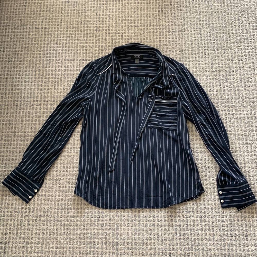 AYR silk navy tie neck striped blouse - medium